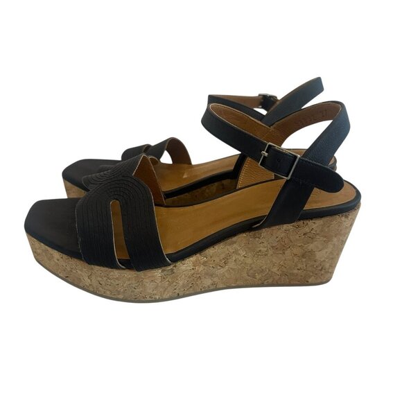 Coclico Navy Blue Wedge Sandals Wedges Heels Cork Leather Size 37 6.5 Women's - Picture 1 of 10